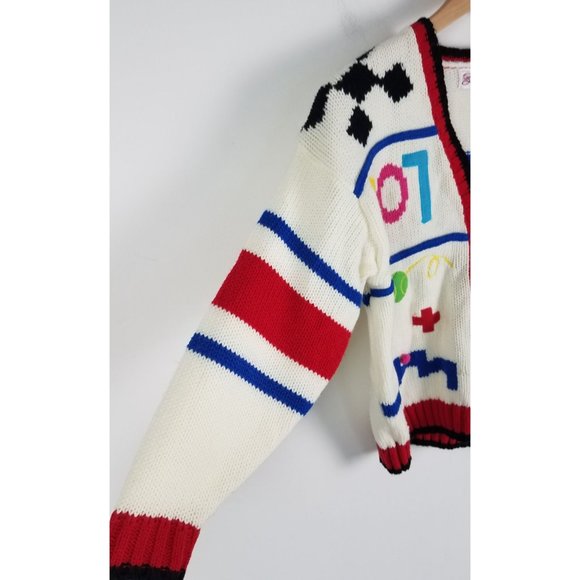 Vtg. Side by Side Kids Sz. 8 Novelty/Tennis/Numbers Knit Button Up Cardigan - Picture 4 of 6